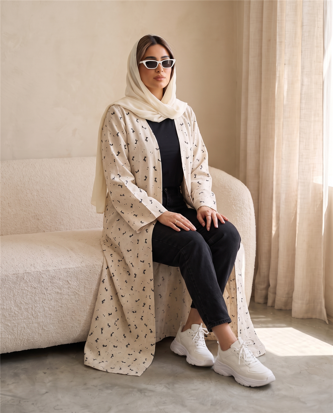 Minimal Printed Open Abaya with Contemporary Silhouette