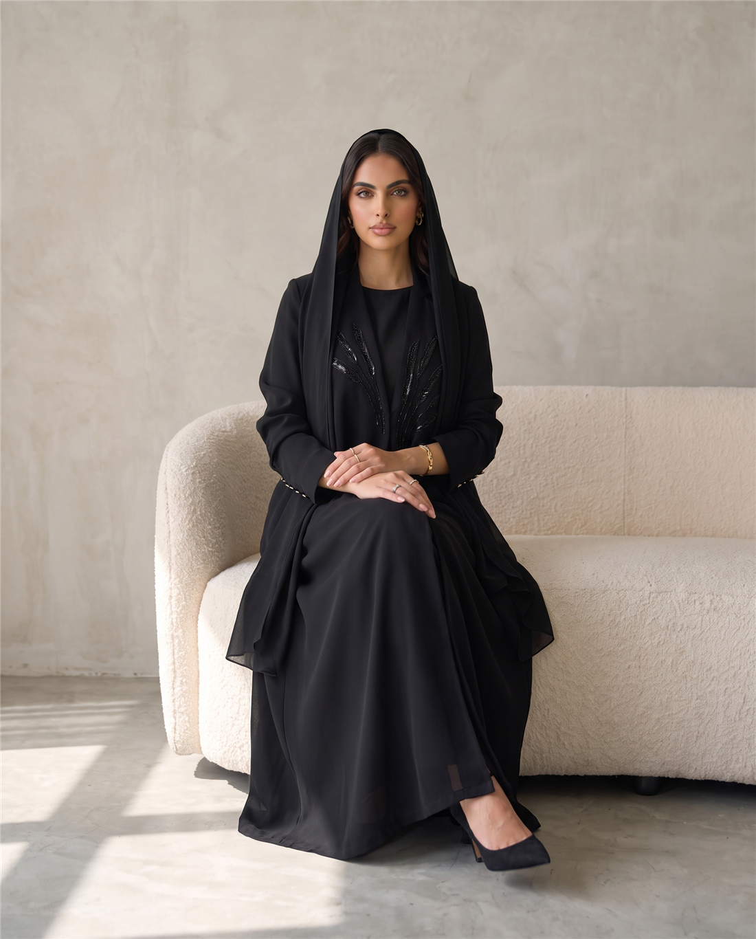 Tailored Open Abaya with Beaded Embroidery and Structured Collar