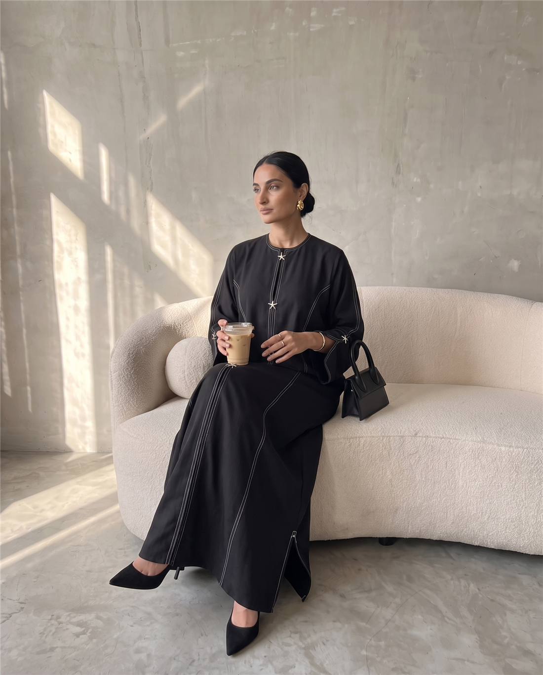 Stitch-Detail Black Abaya with Front Button Accents