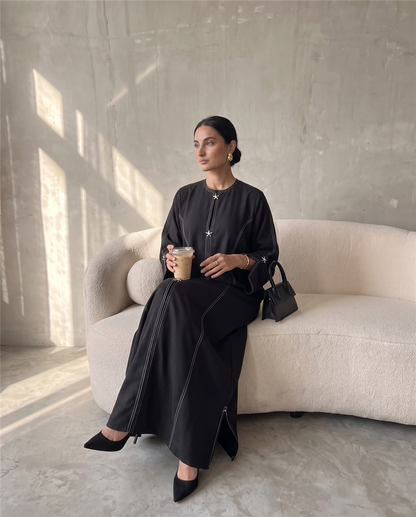 Stitch-Detail Black Abaya with Front Button Accents