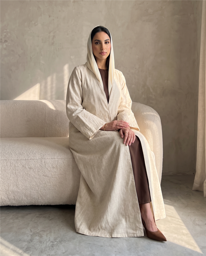 Minimal Embroidered Linen Abaya with Clean Open Front