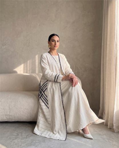 Striped Linen Abaya with Contrast Trim Detailing