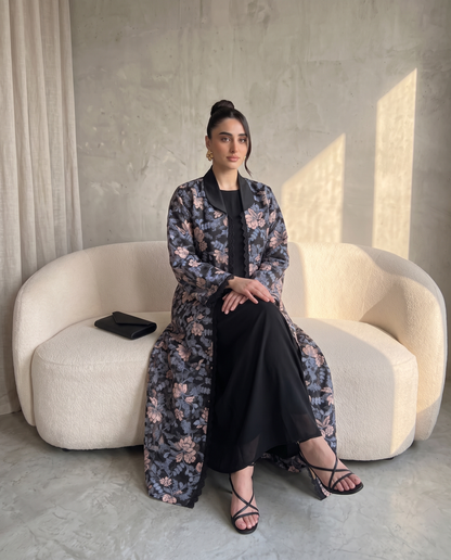 Floral Cape Style Open Abaya with Lace Trim Detail