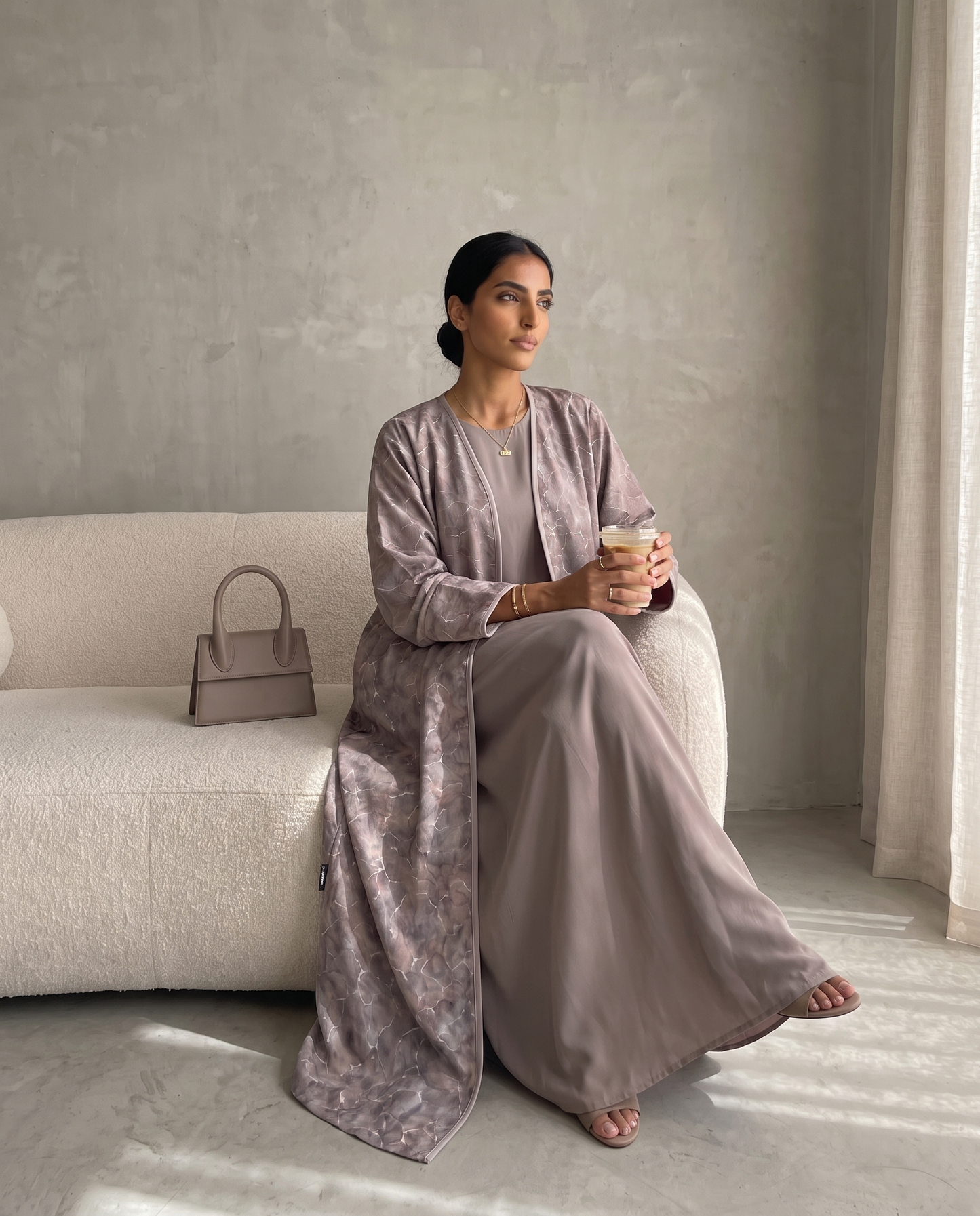 Open Abaya with Cracked Marble Print
