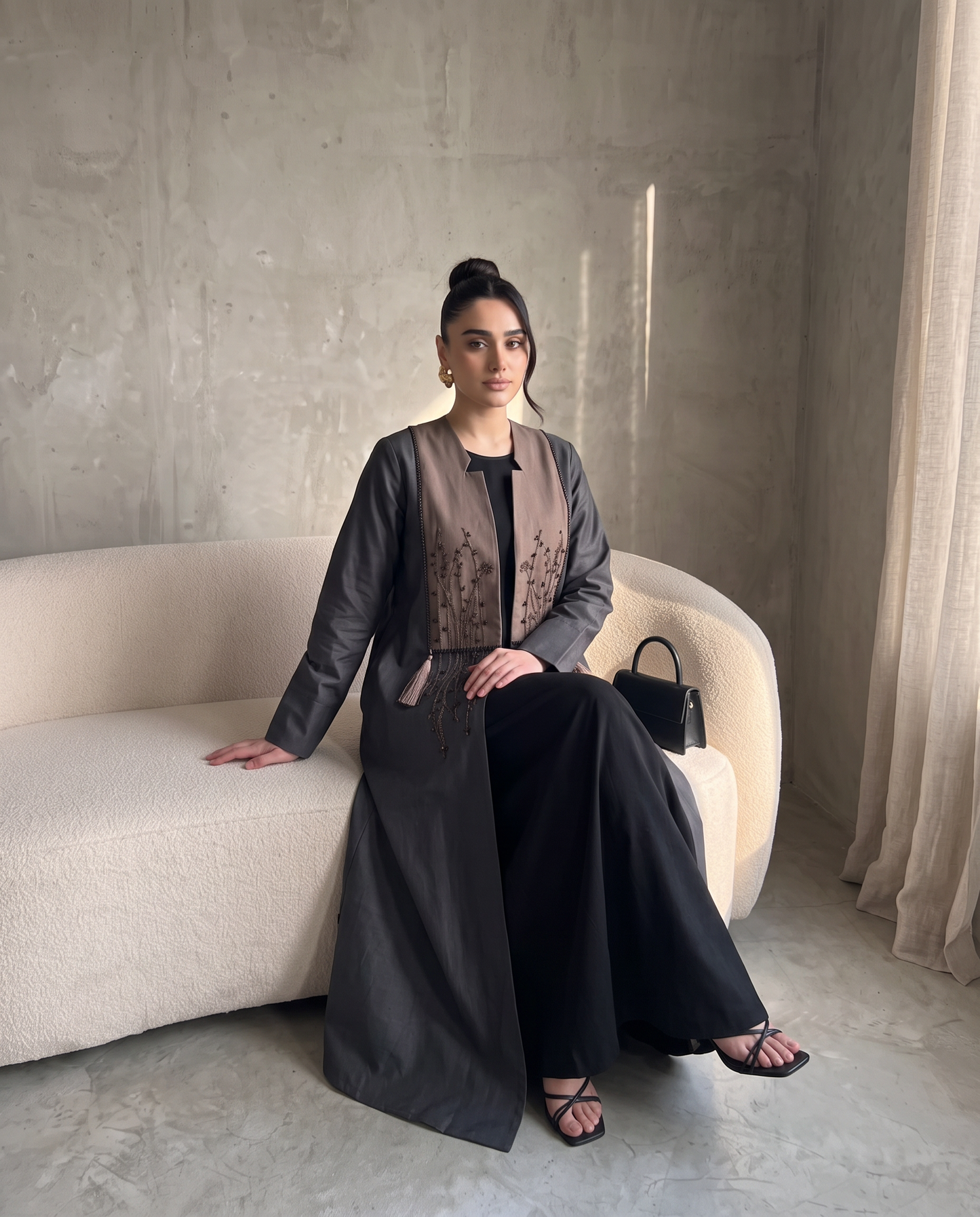 Taffeta Abaya with Embroidered Grey Contrast Front Panel & Tassel Detail
