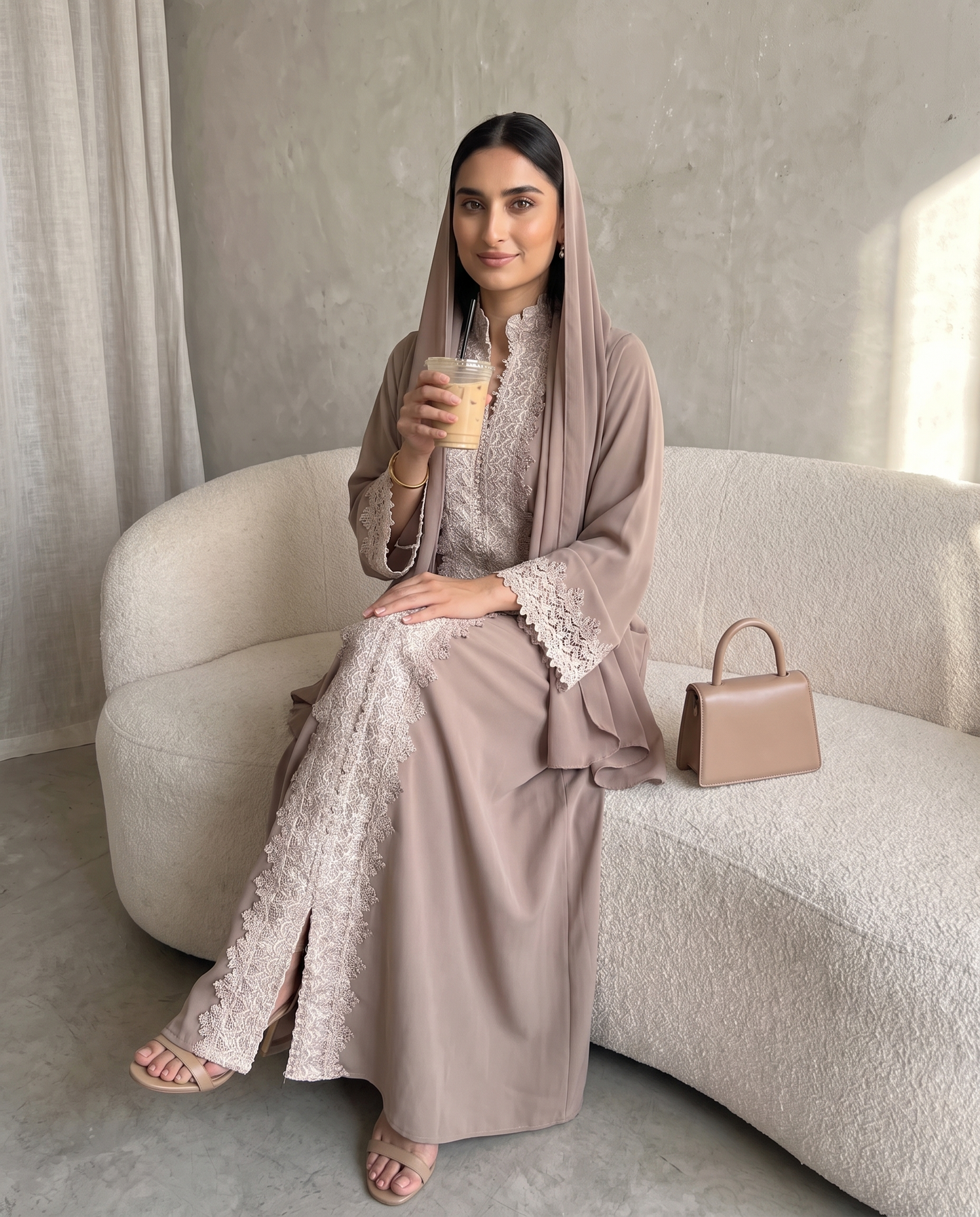 Taupe Lace Elegance Abaya