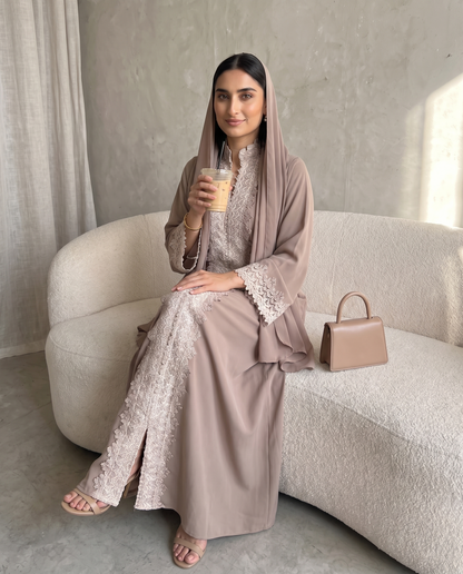 Taupe Lace Elegance Abaya