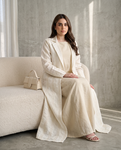 Tailored Linen Abaya with Elegant Lapel Collar