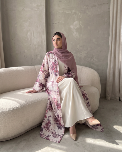 Floral Print Open Abaya with Elegant Contrast Panel