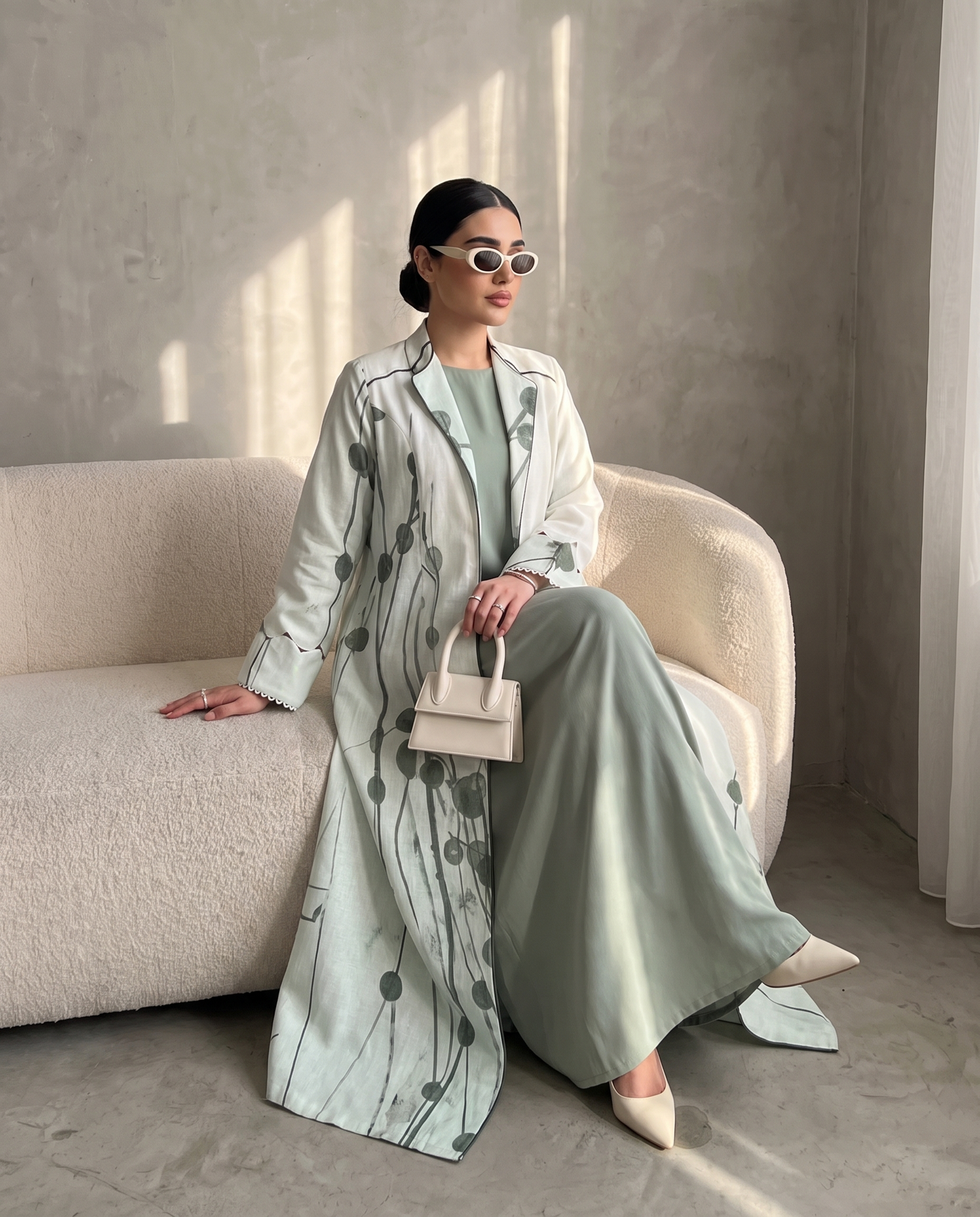 Abstract Botanical Print Abaya with Elegant Open Front