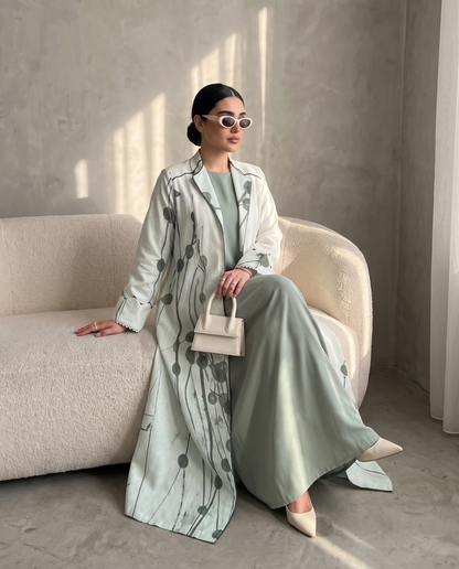 Abstract Botanical Print Abaya with Elegant Open Front