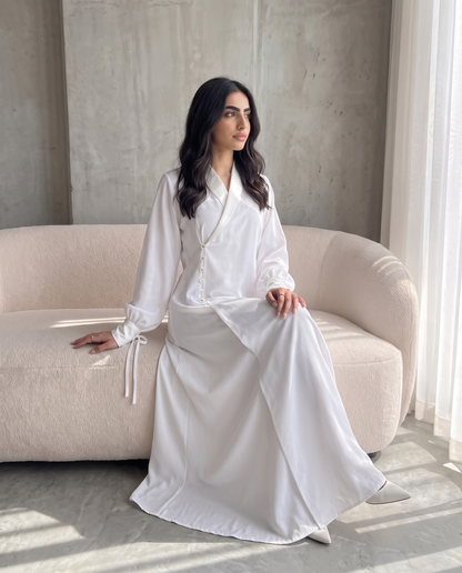 Premium Satin Wrap White Abaya with Side Buttons
