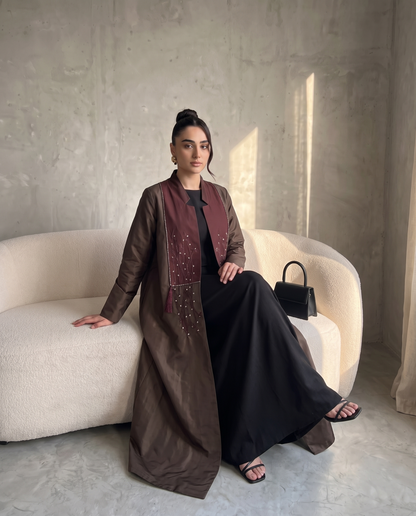 Taffeta Abaya with Embroidered Brown Contrast Front Panel & Tassel Detail