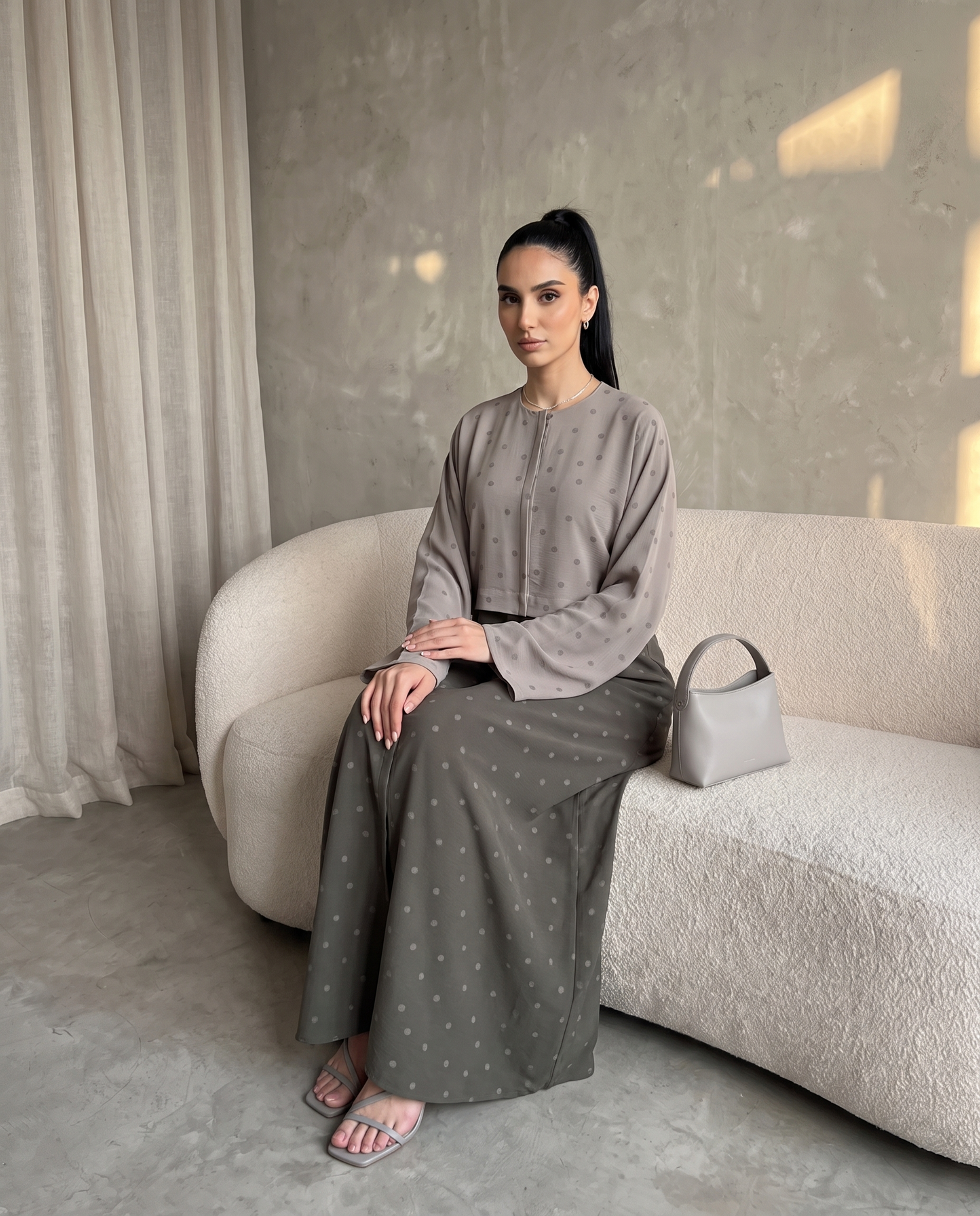 Dove Gray Polka Dot Abaya with Oversized Collar