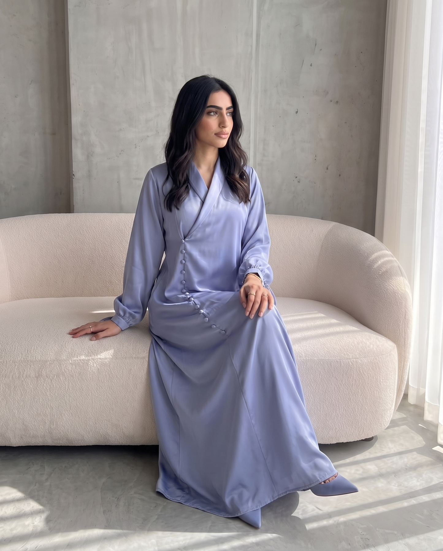 Premium Satin Wrap Blue haze Abaya with Side Buttons