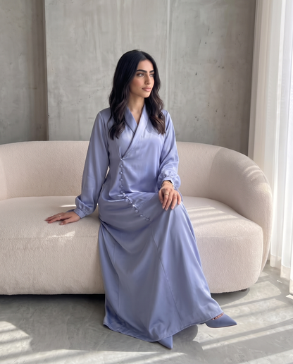 Premium Satin Wrap Blue haze Abaya with Side Buttons