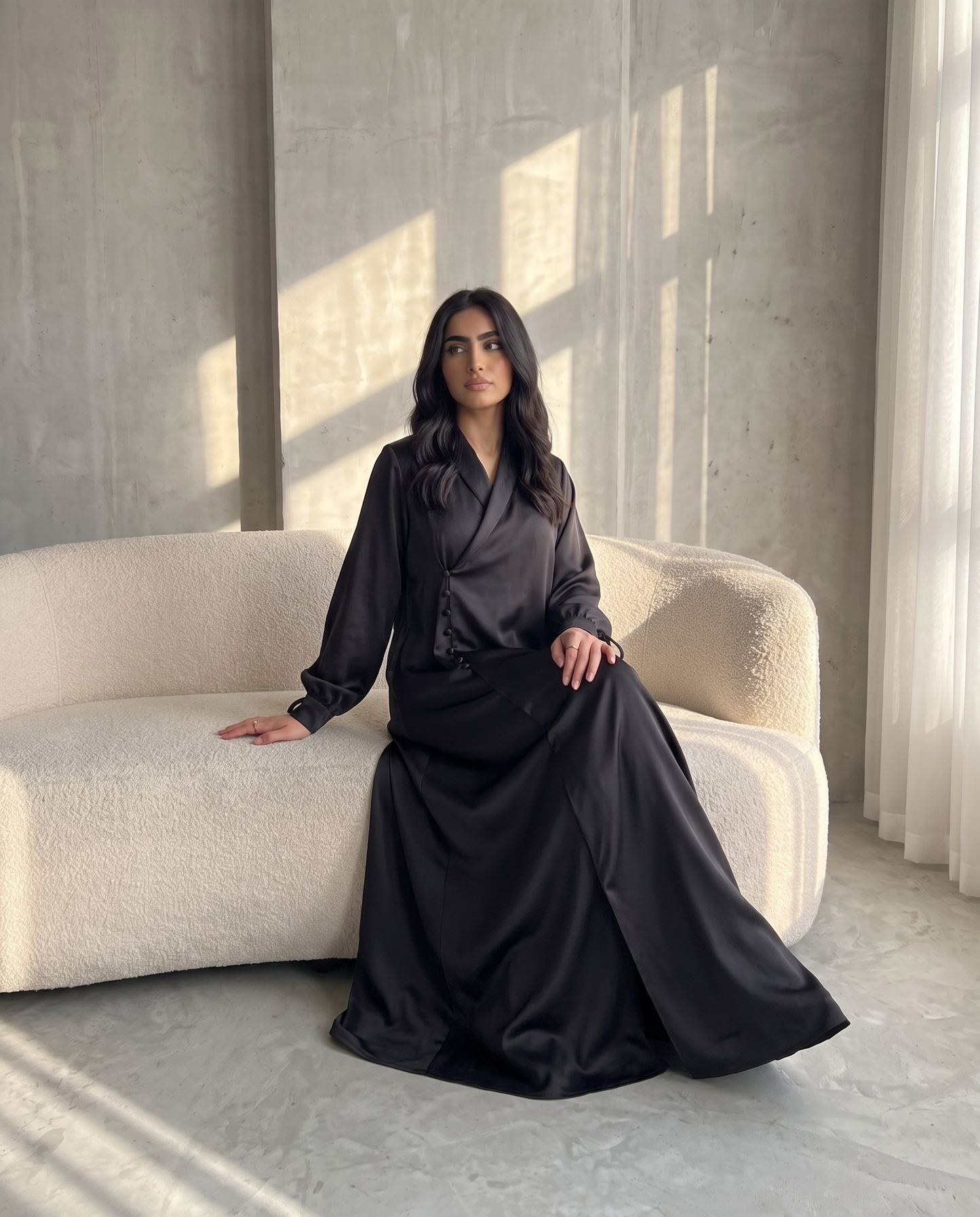 Premium Satin Wrap Black Abaya with Side Buttons