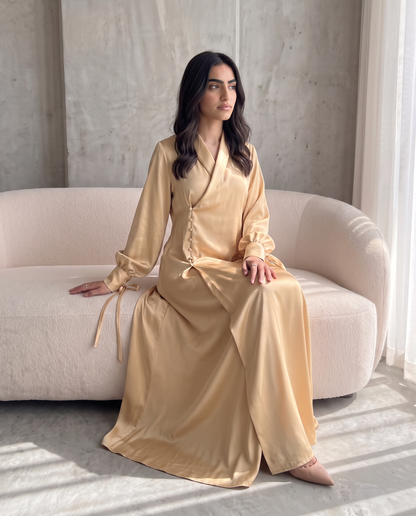 Premium Satin Wrap Yellow Abaya with Side Buttons
