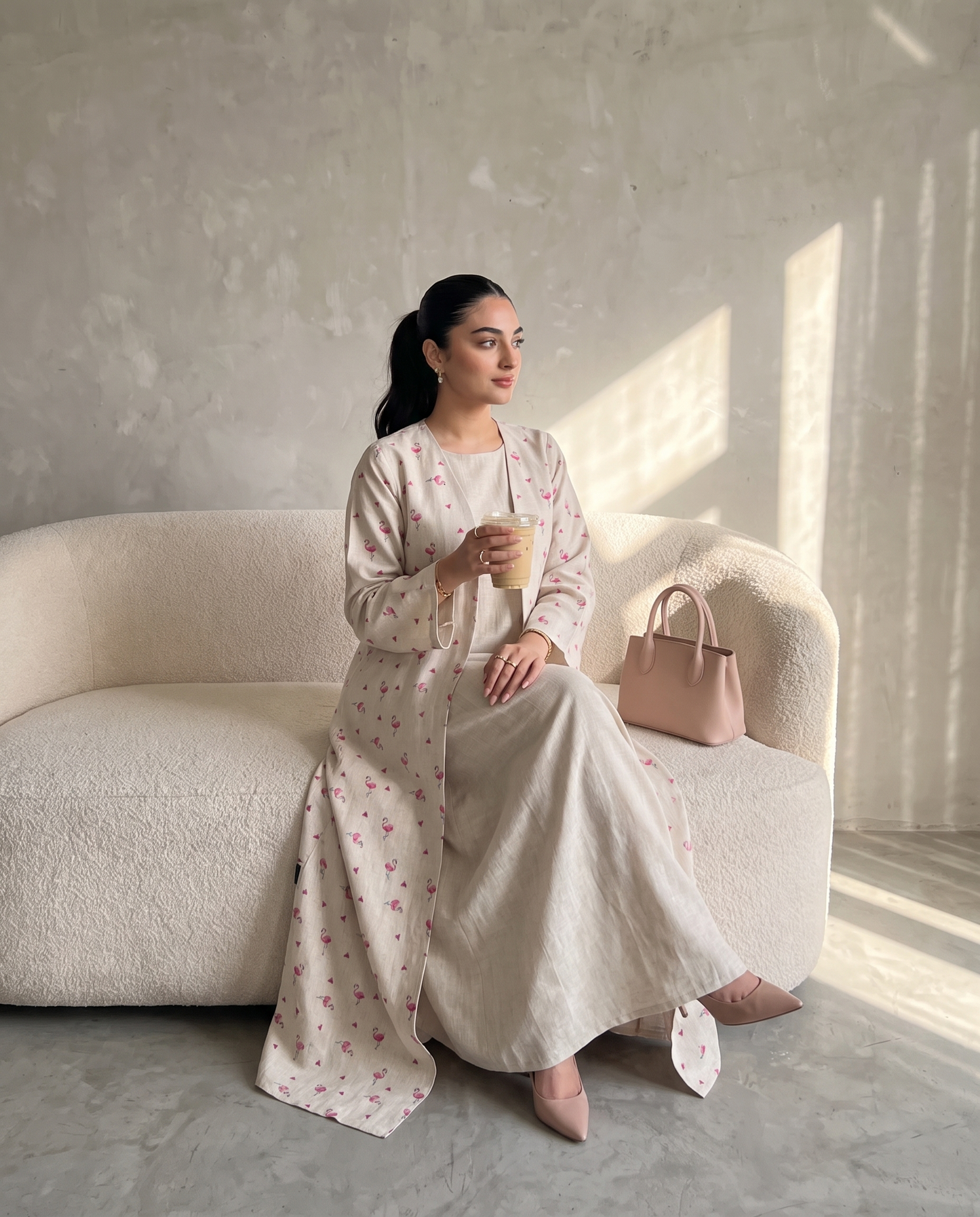 Flamingo Print Linen Style Abaya