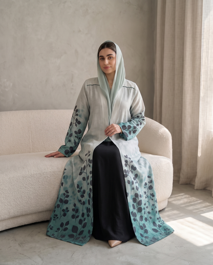 Botanical Print Open Abaya with Flowing Silhouette