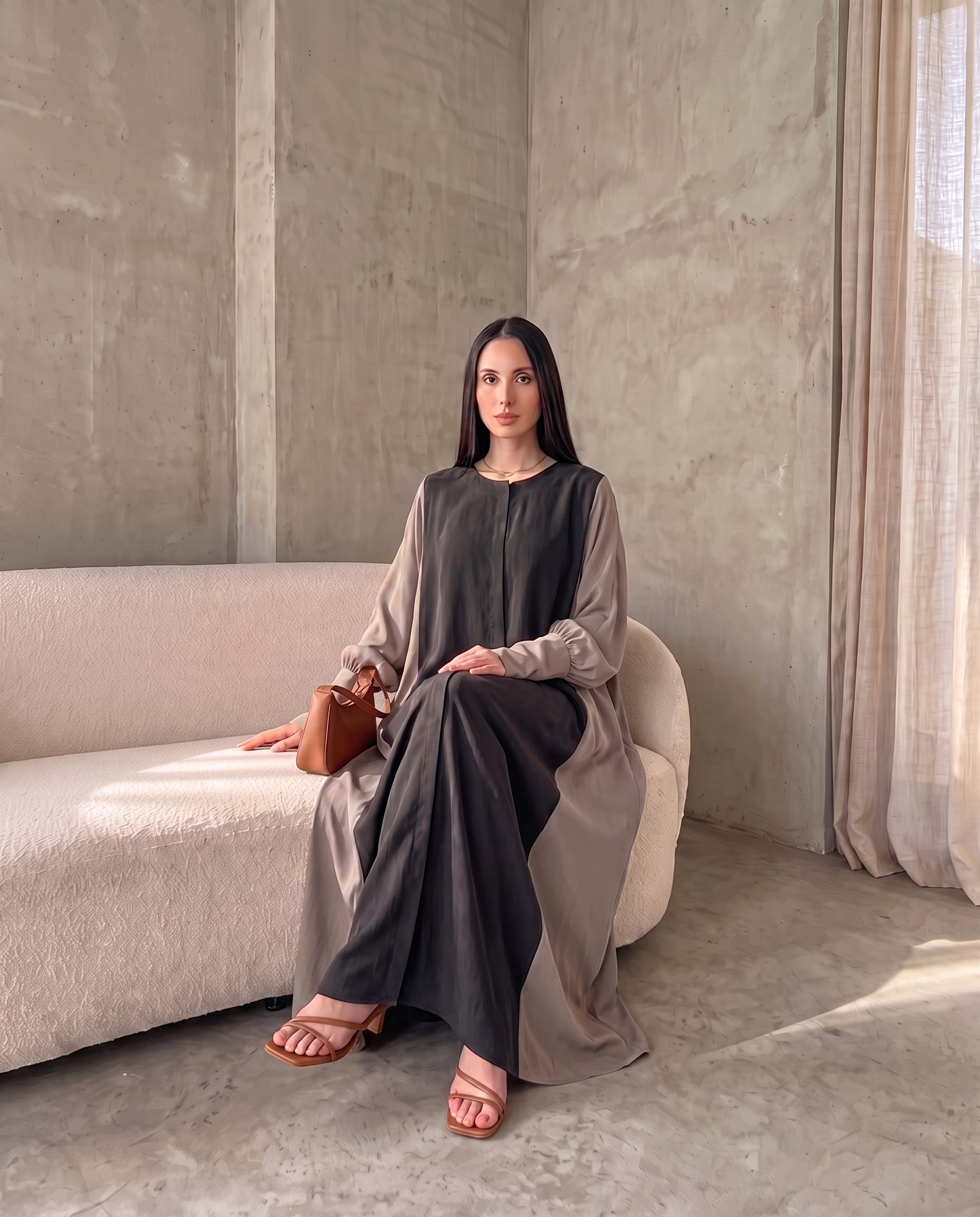 Minimal Hooded Open Abaya with Fluid Drape Grey and Relaxed Silhouette