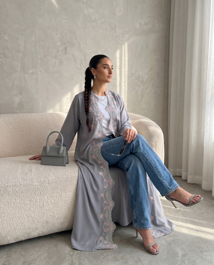 Silver Blossom Lace Abaya