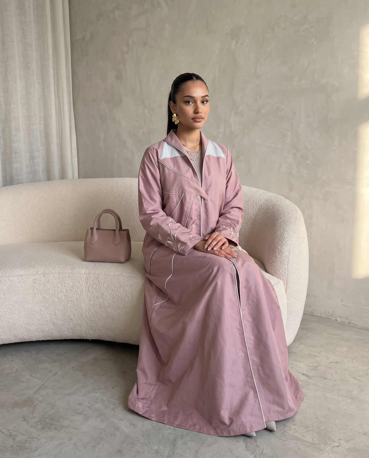 Dusty Mauve Taffeta Abaya with Asymmetric Panel Design & Floral Embroidery Detail