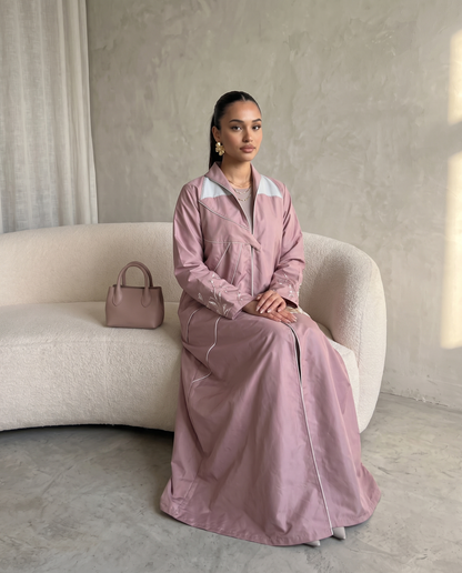 Dusty Mauve Taffeta Abaya with Asymmetric Panel Design & Floral Embroidery Detail