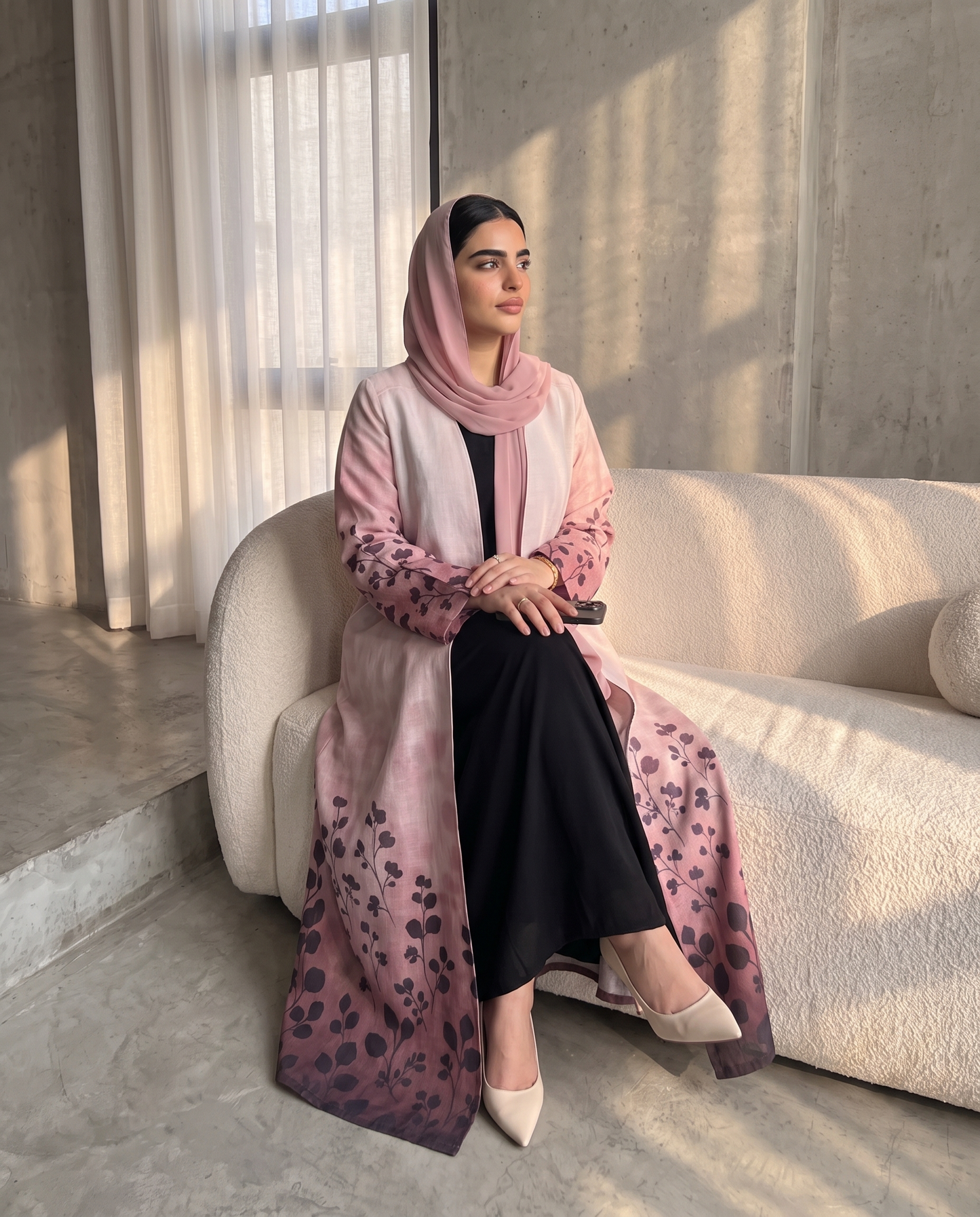 Pink Botanical Print Open Abaya with Flowing Silhouette