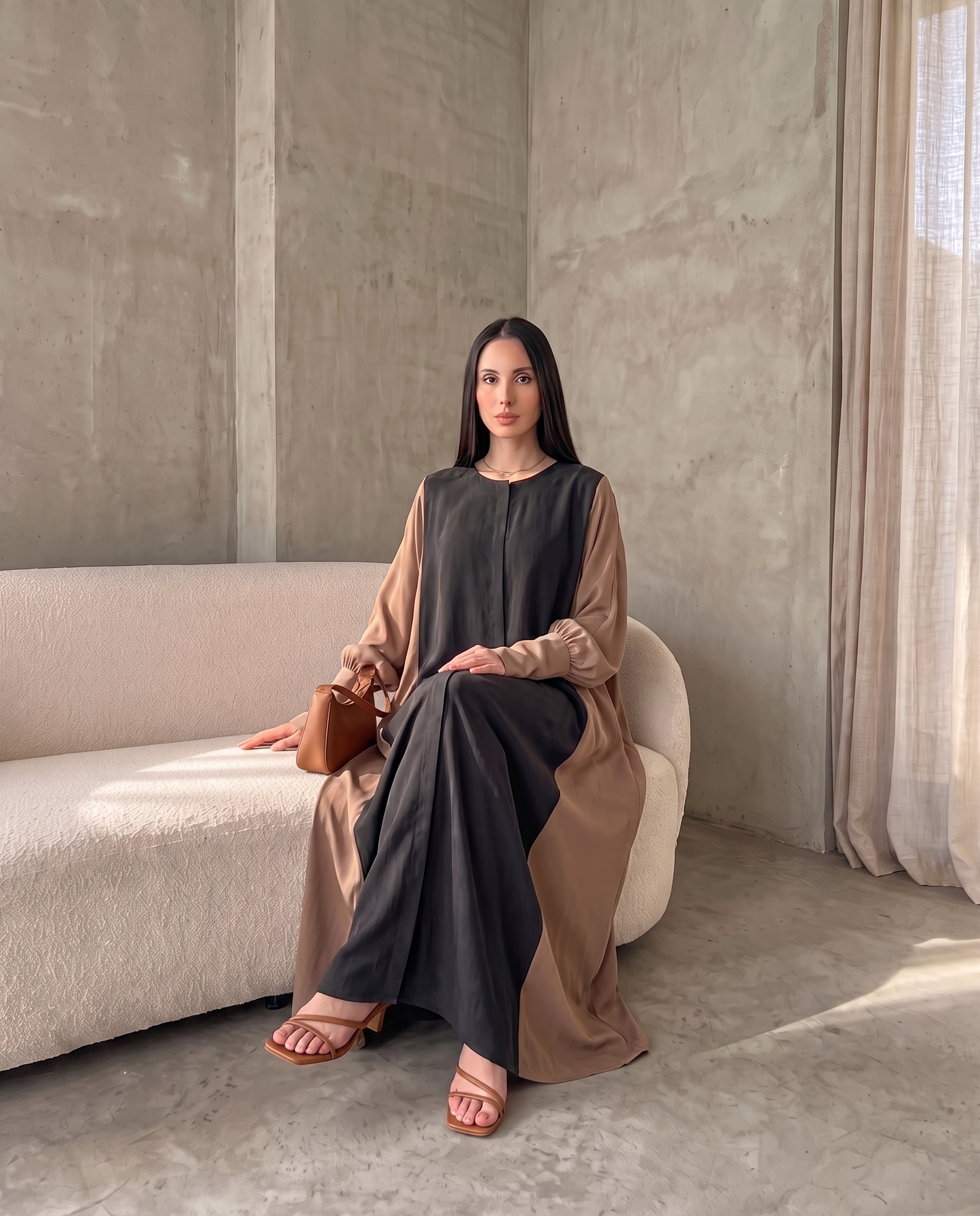 Minimal Hooded Open Abaya with Fluid Drape Desert Brown and Relaxed Silhouette