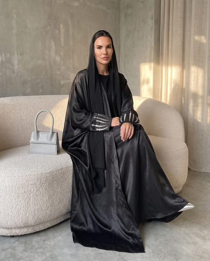 Premium Open Abaya with Metallic Sword Black Embroidery Design
