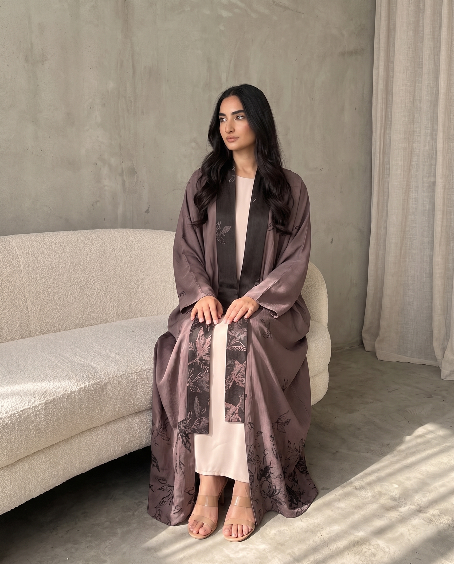 Modern Kimono Open Abaya with Printed Leaf Design