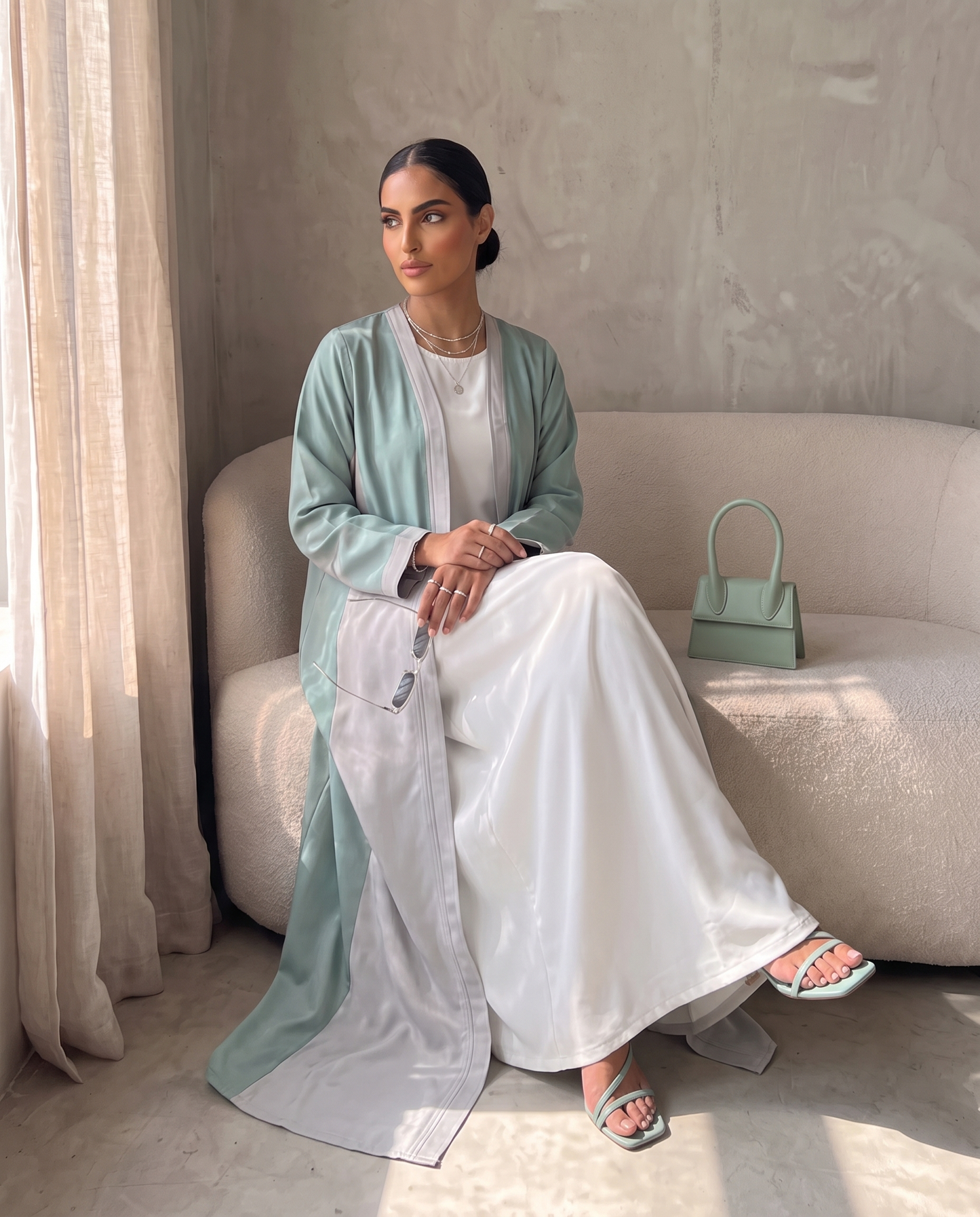 Two-Tone Satin Abaya with Contrasting Panel Design in Mint & Silver