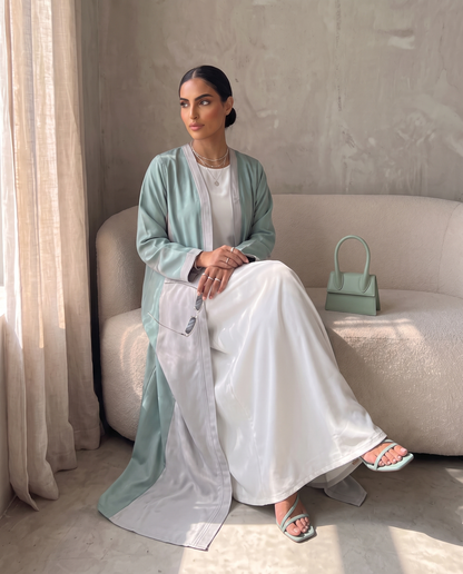 Two-Tone Satin Abaya with Contrasting Panel Design in Mint & Silver
