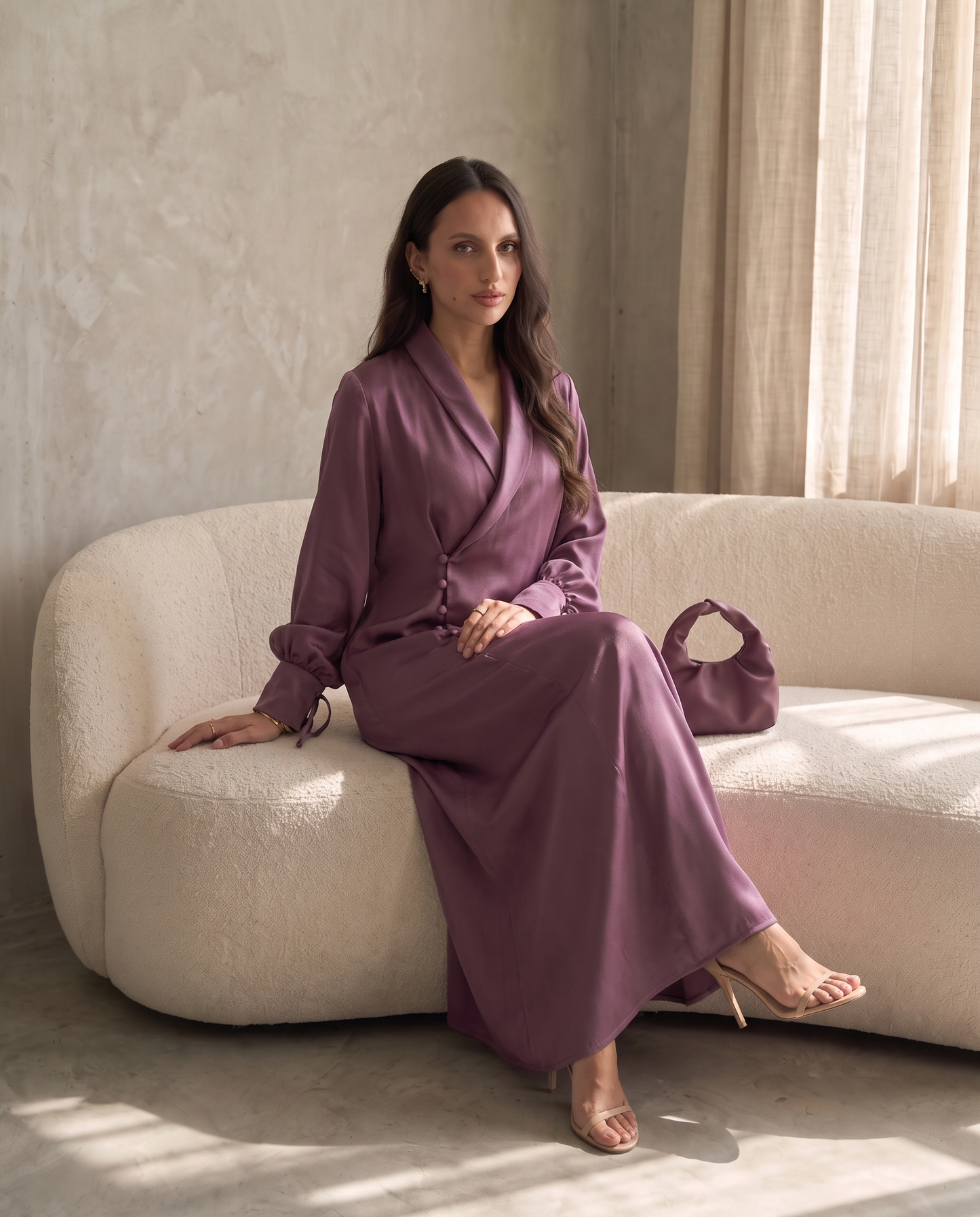 Premium Satin Wrap Purple Abaya with Side Buttons