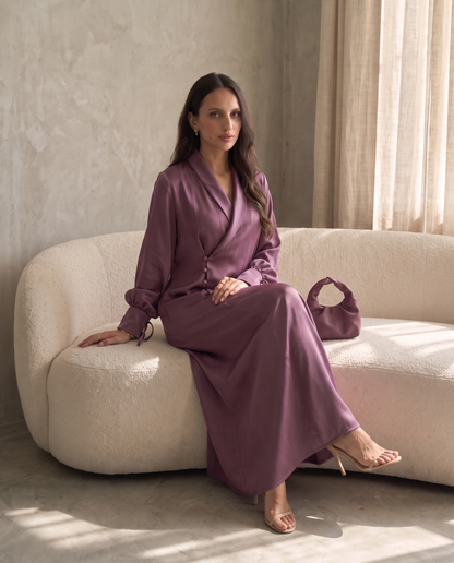 Premium Satin Wrap Purple Abaya with Side Buttons