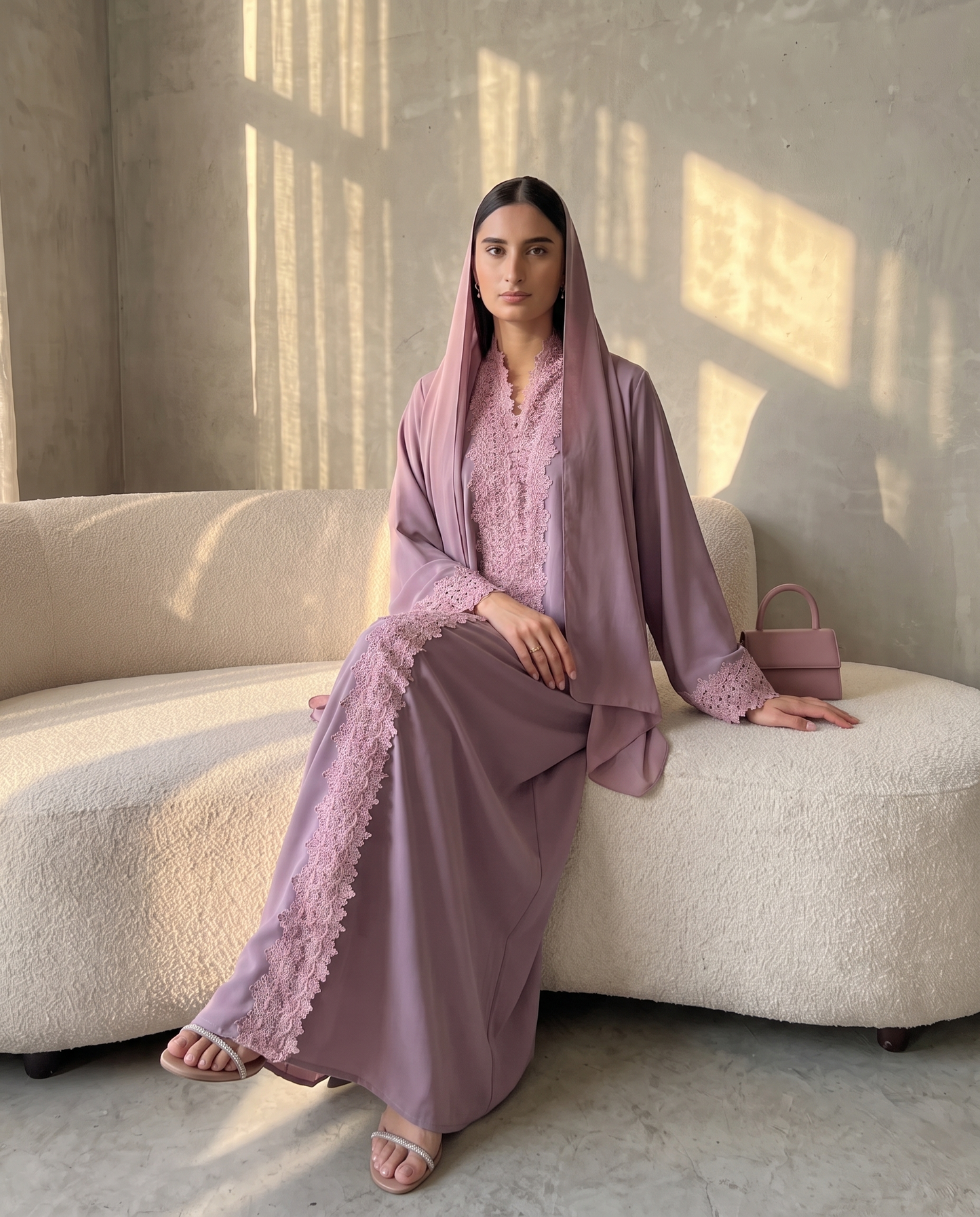 Mauve Blossom Lace Abaya