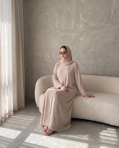 Beige Crepe Abaya Closed front with Contrast Piping