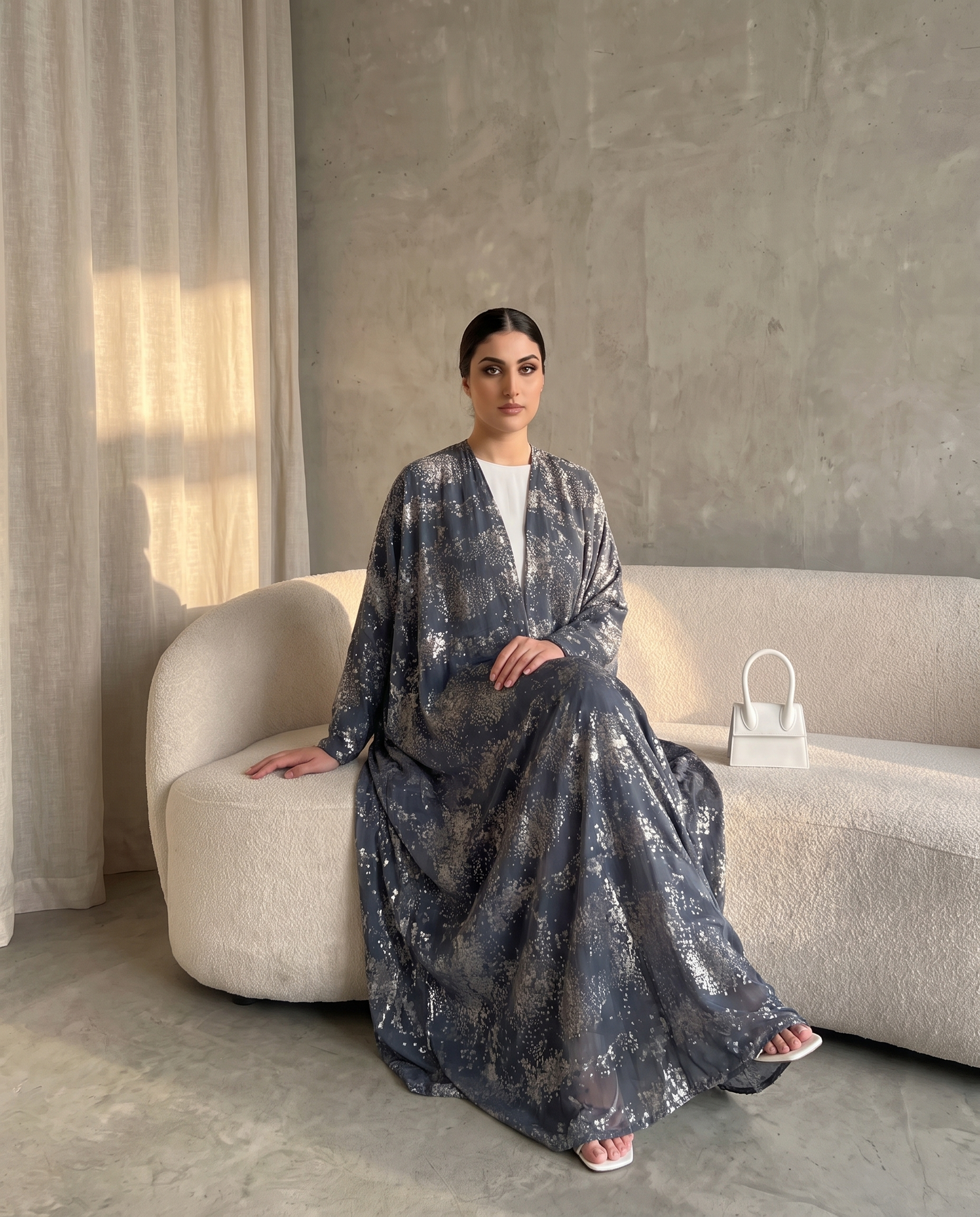 Midnight Mist Printed Flow Silver Abaya