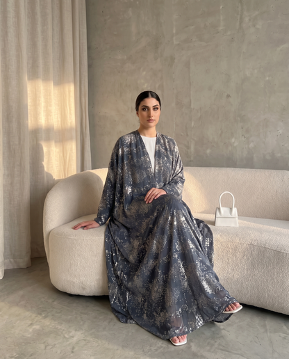 Midnight Mist Printed Flow Silver Abaya