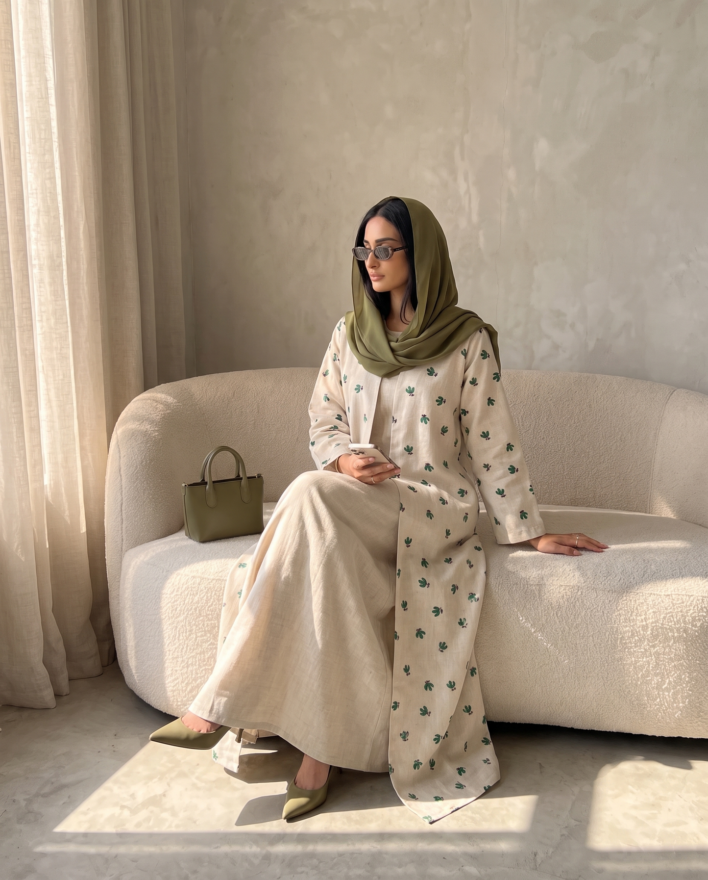 Minimal Leaf Print Linen Abaya