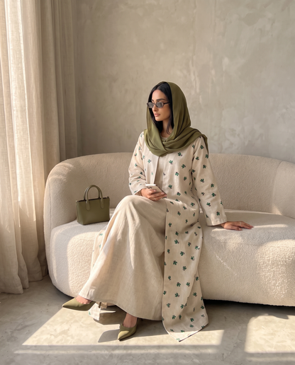 Minimal Leaf Print Linen Abaya