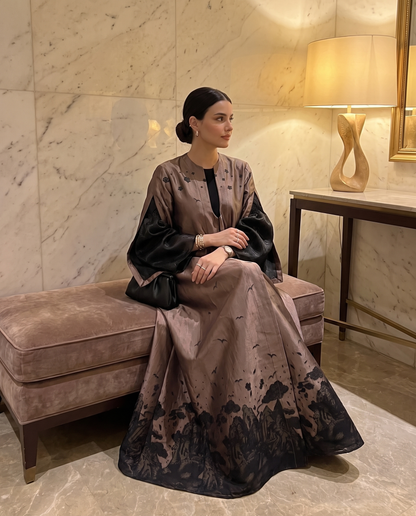 Elegant Bronze Abaya with Black Landscape Detailing