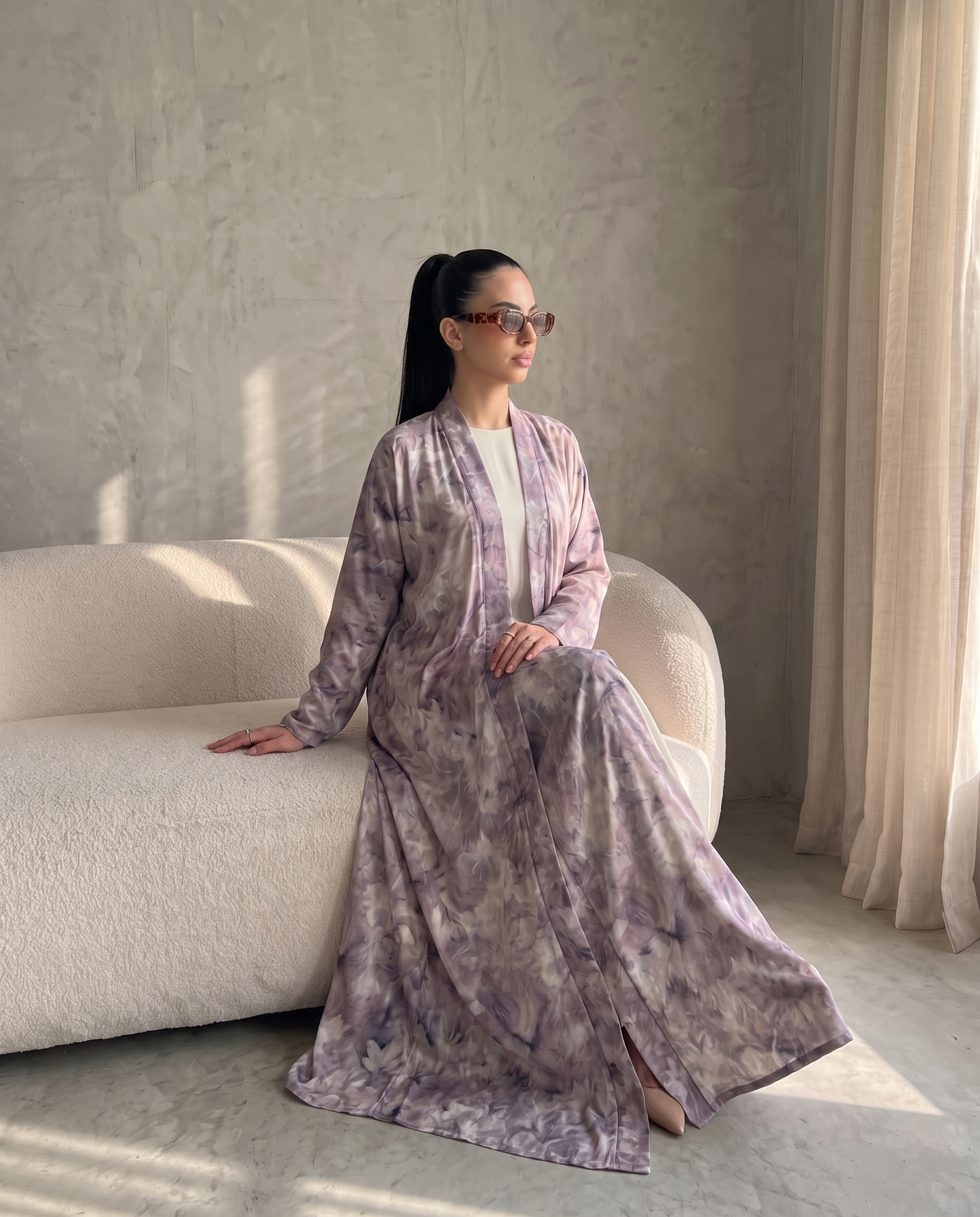 Lavender Garden Floral Printed Lightweight Open Abaya