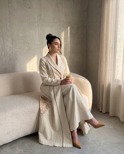 Tailored Embroidered Abaya with Structured Shawl Collar