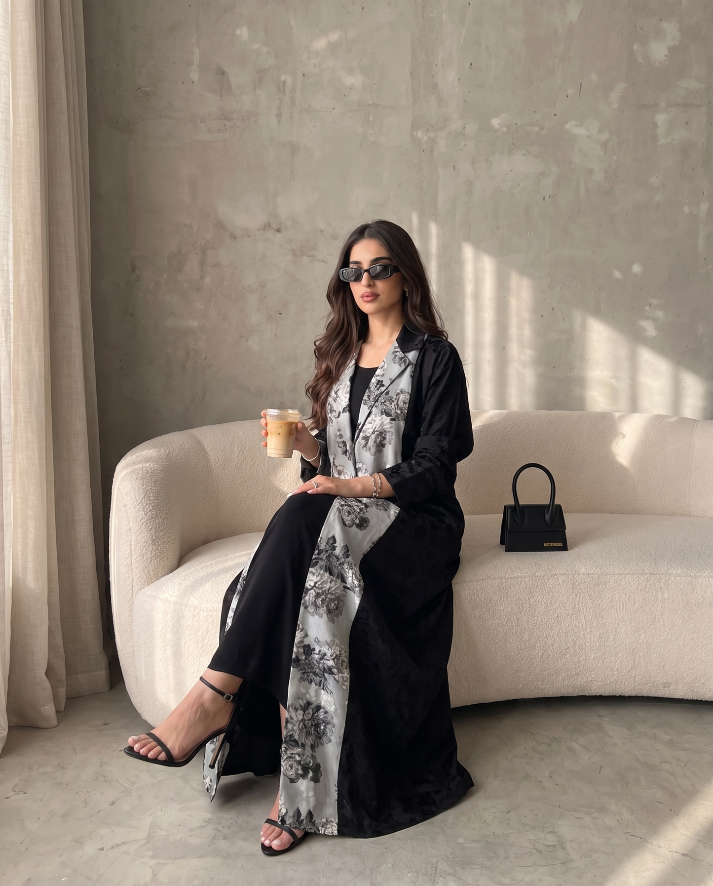 Floral Contrast Panel Abaya with Tailored Lapel Design