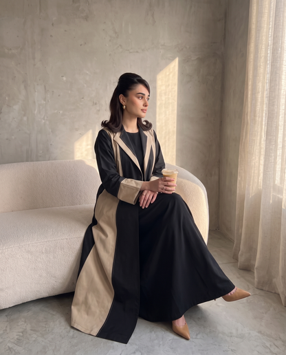 Premium Dual-Tone Structured Elegance Abaya in Black & Beige