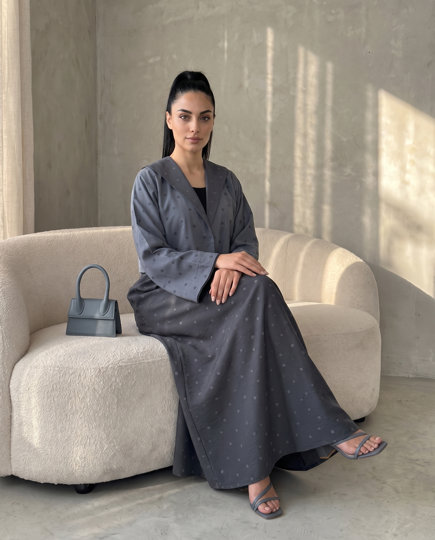 Flint Gray Polka Dot Abaya with Oversized Collar