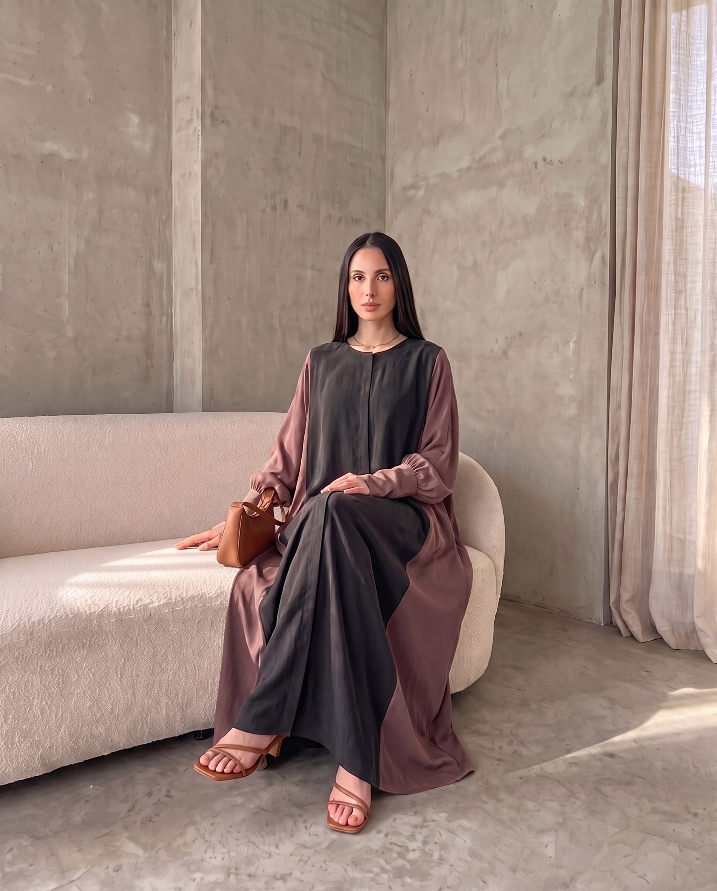 Minimal Hooded Open Abaya with Fluid Drape Rosewood and Relaxed Silhouette