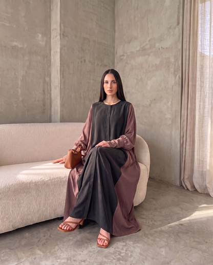 Minimal Hooded Open Abaya with Fluid Drape Rosewood and Relaxed Silhouette